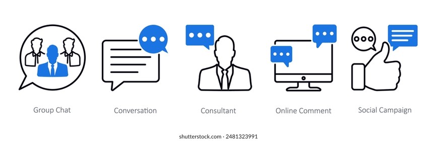 Ein Satz von 5 Seo-Icons als Gruppen-Chat, Konversation, Berater