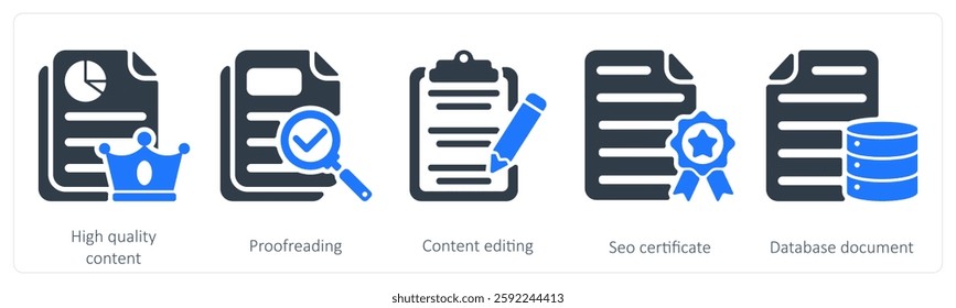 A set of 5 seo icons as high quality content, proofreading, content editing