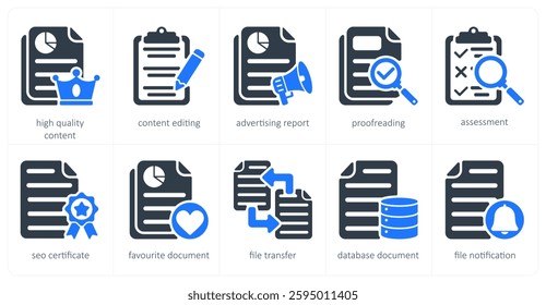 A set of 5 seo icons as high quality content, content editing, advertising report