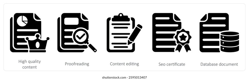 A set of 5 seo icons as high quality content, proofreading, content editing