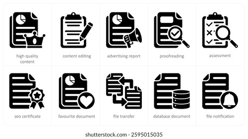 A set of 5 seo icons as high quality content, content editing, advertising report