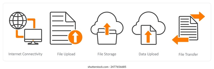 A set of 5 Seo icons as internet connectivity, file upload, file storage