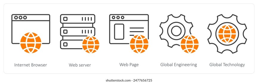 Eine Reihe von 5 Seo-Icons als Internetbrowser, Web-Server, Webseite