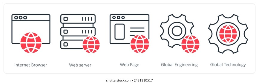 Eine Reihe von 5 Seo-Icons als Internetbrowser, Web-Server, Webseite