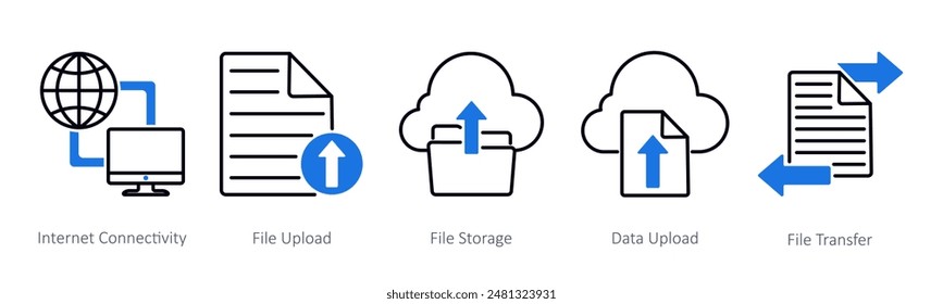 A set of 5 Seo icons as internet connectivity, file upload, file storage