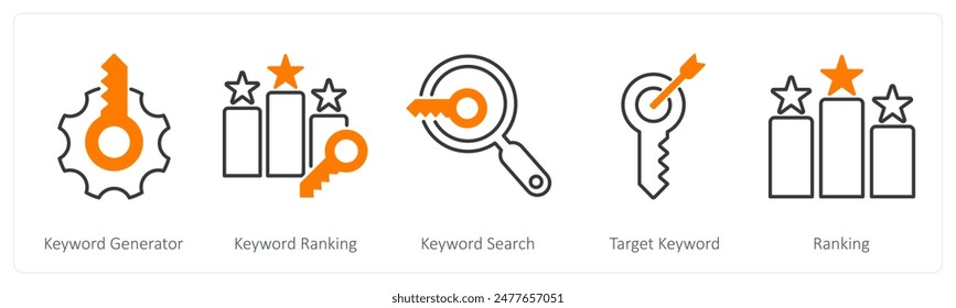 A set of 5 Seo icons as keyword generator, keyword ranking, keyword search