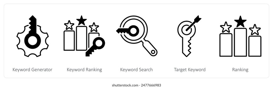 A set of 5 Seo icons as keyword generator, keyword ranking, keyword search