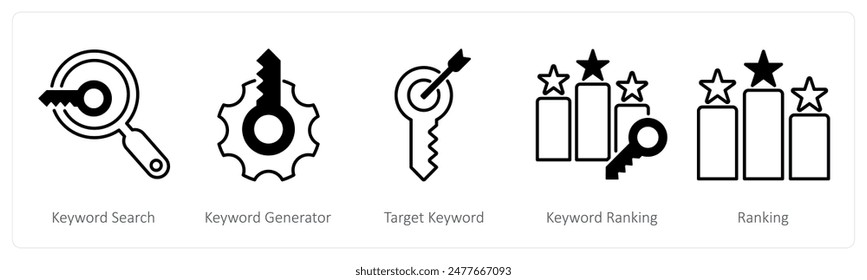 A set of 5 Seo icons as keyword search, keyword generator, keyword ranking