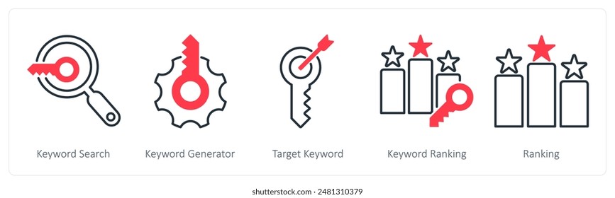 A set of 5 Seo icons as keyword search, keyword generator, keyword ranking