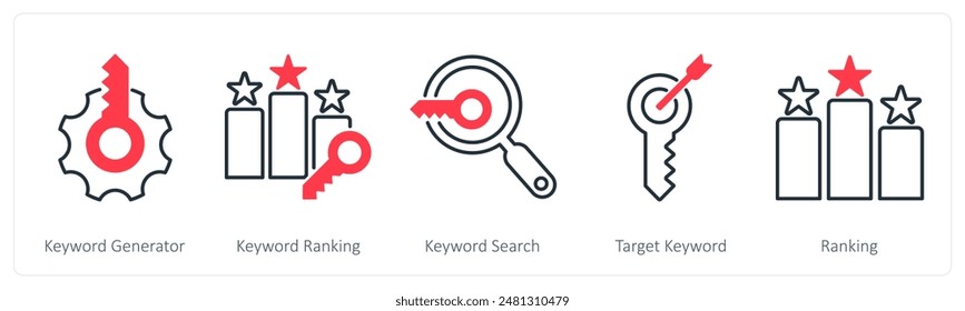 Ein Set von 5 Seo-Icons als Schlagwort-Generator, Schlagwort-Ranking, Schlagwort-Suche