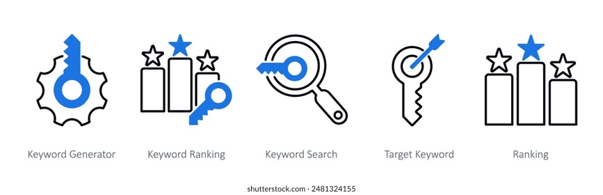 A set of 5 Seo icons as keyword generator, keyword ranking, keyword search