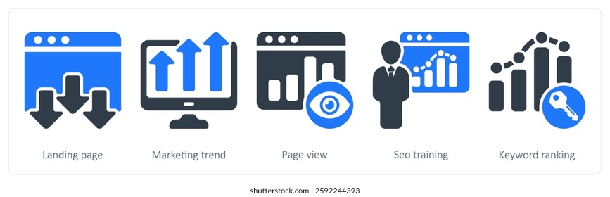 A set of 5 seo icons as landing page, marketing trend, page view