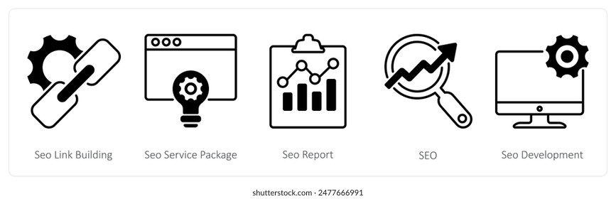 Un conjunto de 5 iconos de Seo como construcción de Enlace seo, paquete de servicio seo, informe de seo