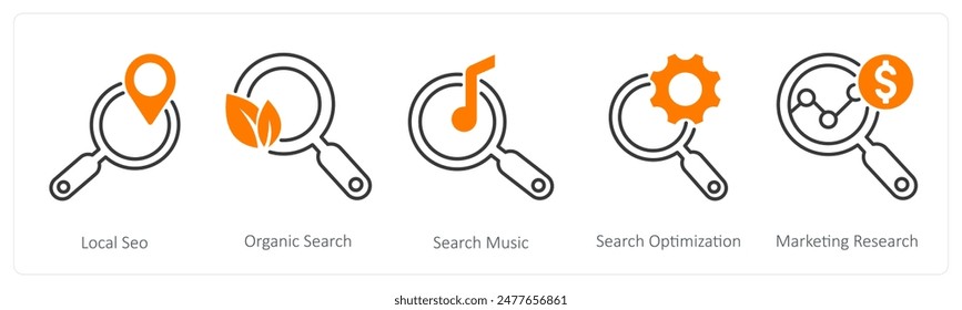Un conjunto de 5 iconos de Seo como seo local, búsqueda orgánica, búsqueda de música