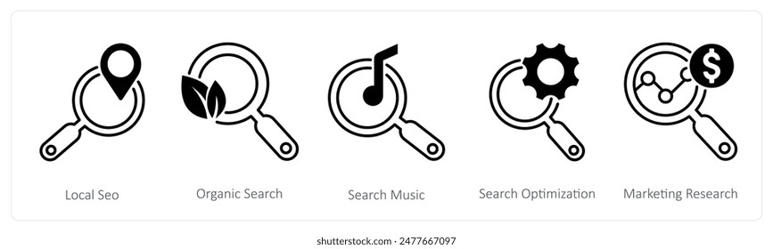A set of 5 Seo icons as local seo, organic search, search music