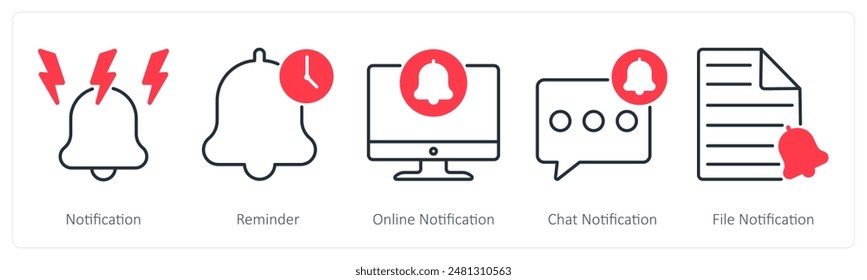 Un conjunto de 5 iconos Seo como notificación, recordatorio, notificación en línea