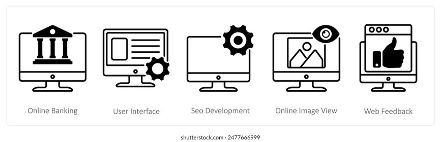 A set of 5 Seo icons as online banking, user interface, seo development
