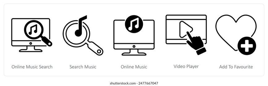 A set of 5 Seo icons as online music search, search music, online music
