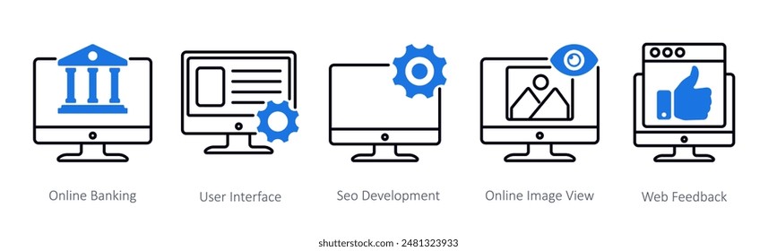 A set of 5 Seo icons as online banking, user interface, seo development