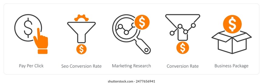 Un conjunto de 5 iconos de Seo como pago por Hacer clic, tasa de conversión de seo, investigación de marketing