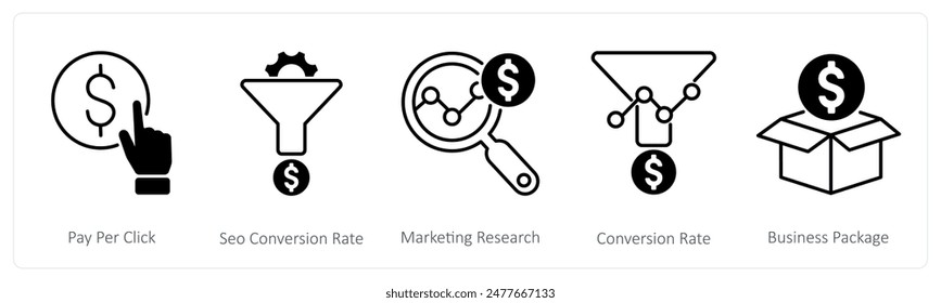 Un conjunto de 5 iconos de Seo como pago por Hacer clic, tasa de conversión de seo, investigación de marketing