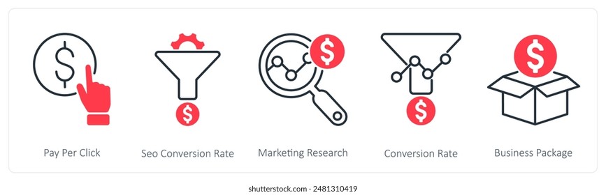 A set of 5 Seo icons as pay per click, seo conversion rate, marketing research