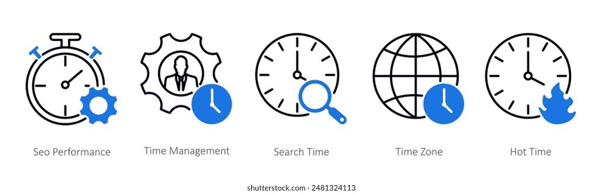 A set of 5 Seo icons as seo performance, time management, search time