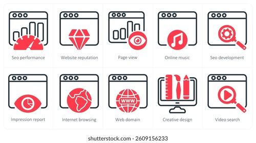 A set of 5 seo icons as seo performance, website reputation, page view