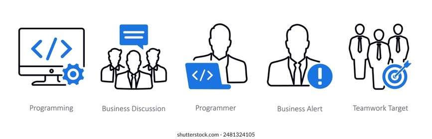 A set of 5 Seo icons as programming, business dicussion, programmer