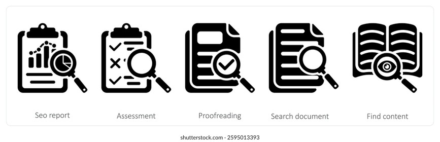 A set of 5 seo icons as seo report, assessment, proofreading