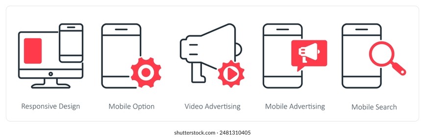 A set of 5 Seo icons as responsive design, mobile option, video advertising