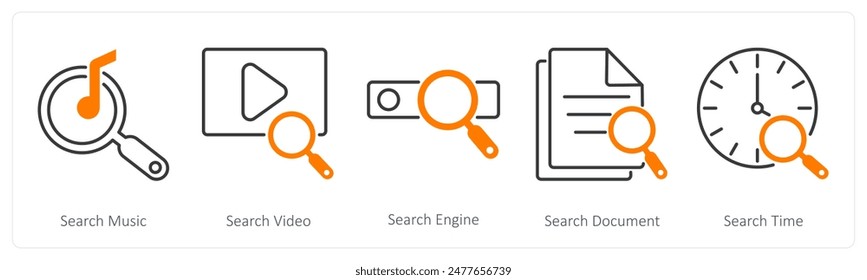A set of 5 Seo icons as search music, search music, search engine