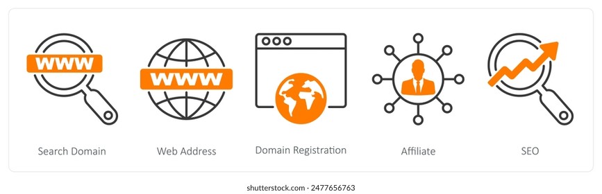 A set of 5 Seo icons as search domain, web address, domain registration