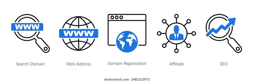 A set of 5 Seo icons as search domain, web address, domain registration