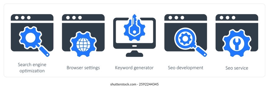 A set of 5 seo icons as search engine optiimization, browser settings, keyword generator