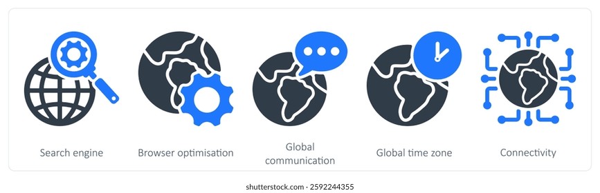 A set of 5 seo icons as search engine, browser optimization, global communication