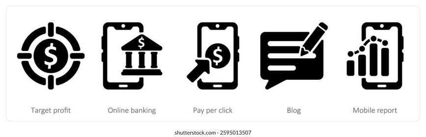 A set of 5 seo icons as target profit, online banking, pay per click