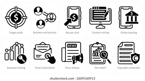 A set of 5 seo icons as target profit, business connectivity, pay per click