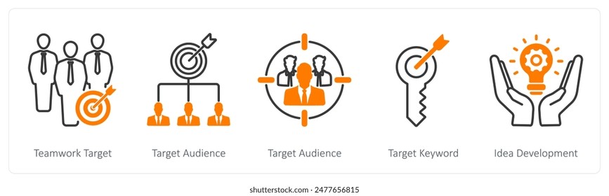 Un conjunto de 5 iconos de Seo como objetivo de trabajo en equipo, público objetivo, Palabra clave objetivo
