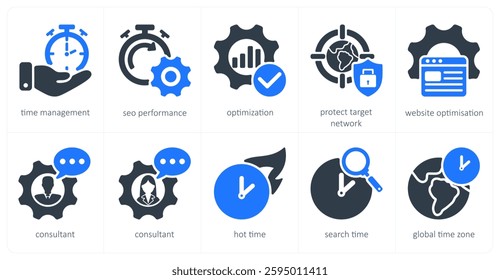 A set of 5 seo icons as time management, seo performance, optimization