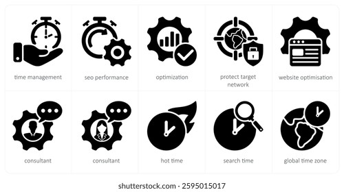 A set of 5 seo icons as time management, seo performance, optimization