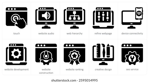 A set of 5 seo icons as touch, website audio, web hierarchy