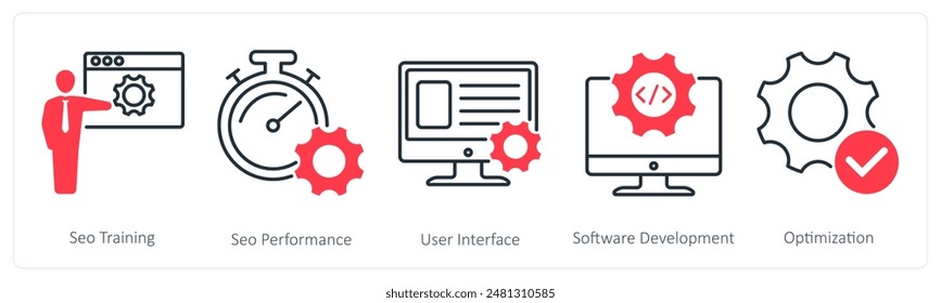 A set of 5 Seo icons as seo training, seo performance, user interface