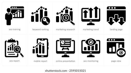 A set of 5 seo icons as seo training, keyword ranking, marketing research