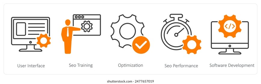 A set of 5 Seo icons as user interface, seo training, optimization