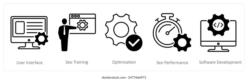 A set of 5 Seo icons as user interface, seo training, optimization