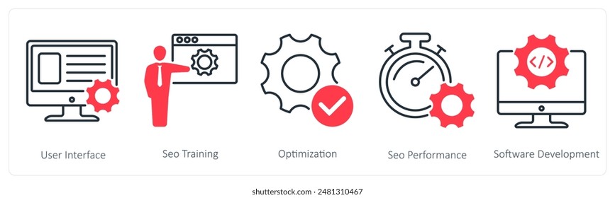 A set of 5 Seo icons as user interface, seo training, optimization