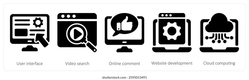 A set of 5 seo icons as user interface, video search, online comment