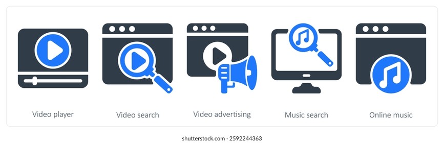 A set of 5 seo icons as video player, video search, video advertising