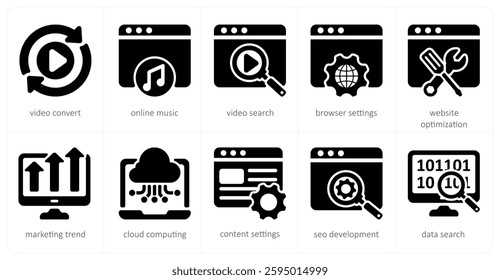 A set of 5 seo icons as video convert, online music, video search